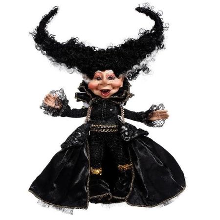 Figurine in a frankenstein's bride inspired black costume with long hair on a white background