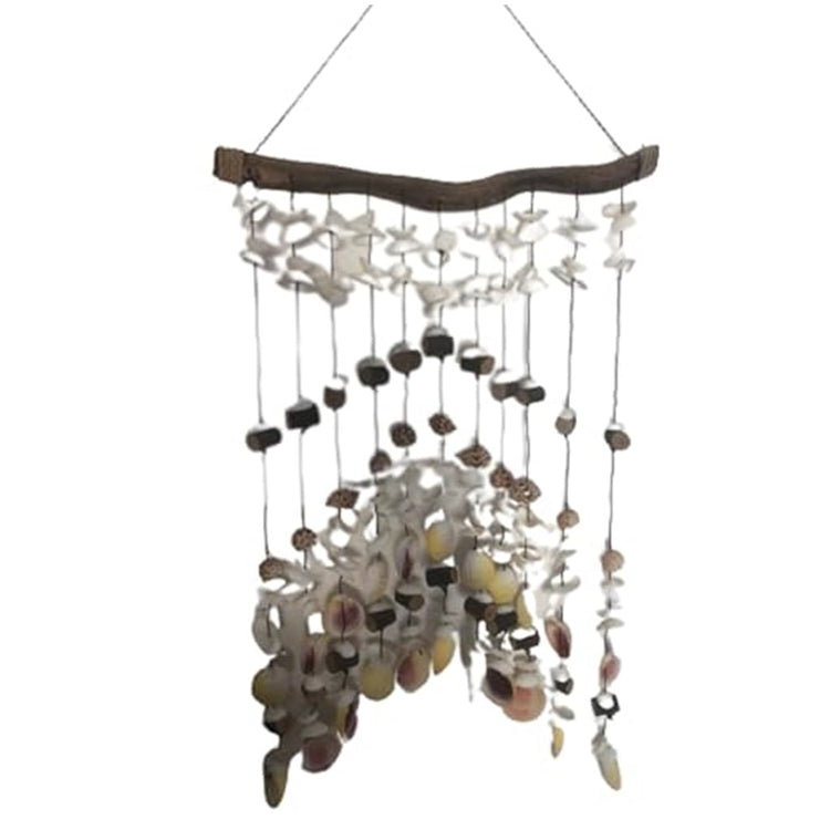 Mobile with curvy wood top and 11 strands of various shells in white and tans.