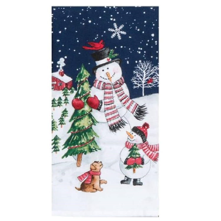 terry cloth hand towel depicting two snowmen and a puppy with a tree, while snow falls.