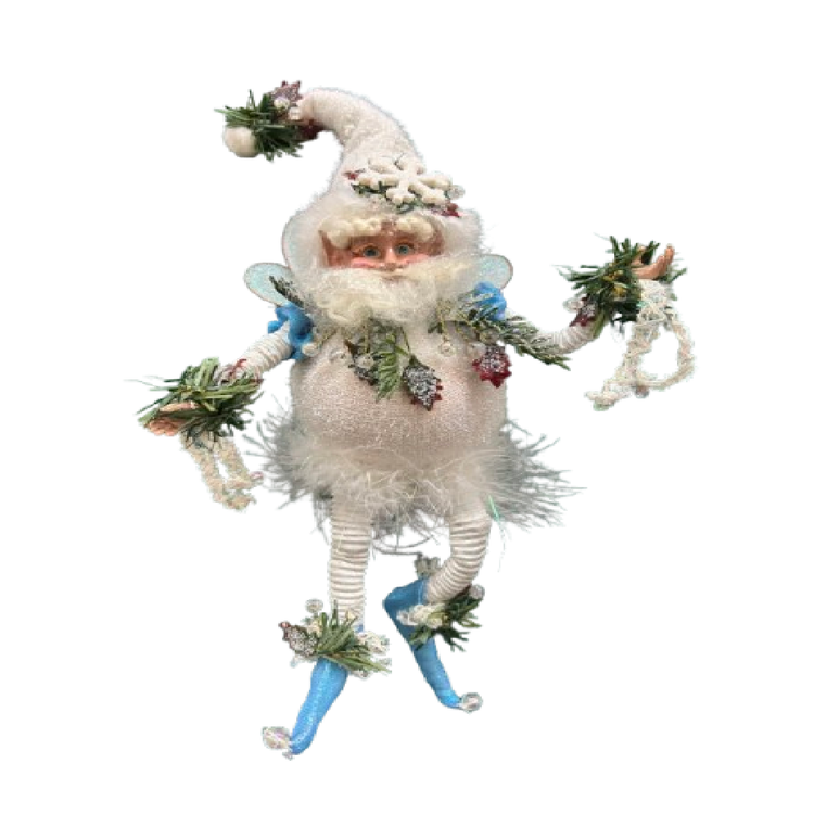 Decorative fairy figurine in a white and blue outfit, styled like a snowball, with sprigs of holly as accents.