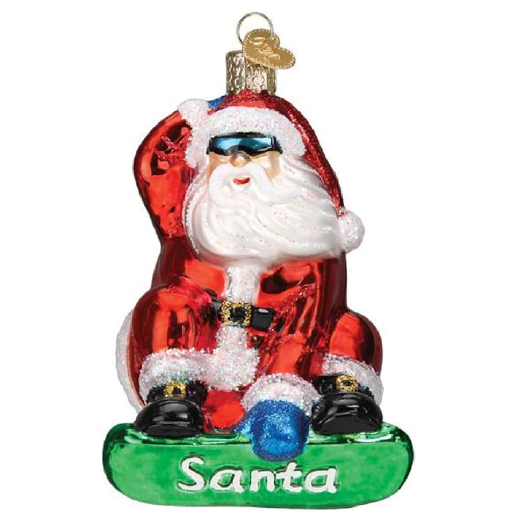 Blown glass ornament, Snowboarding Santa