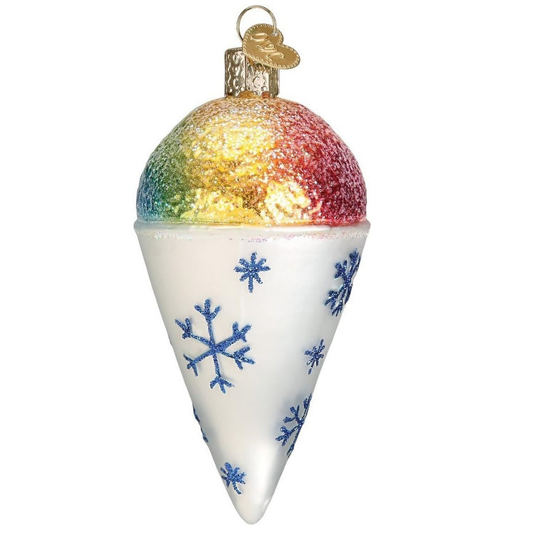 blown glass ornament, rainbow snow cone in a white cup with blue snowflake pattern.