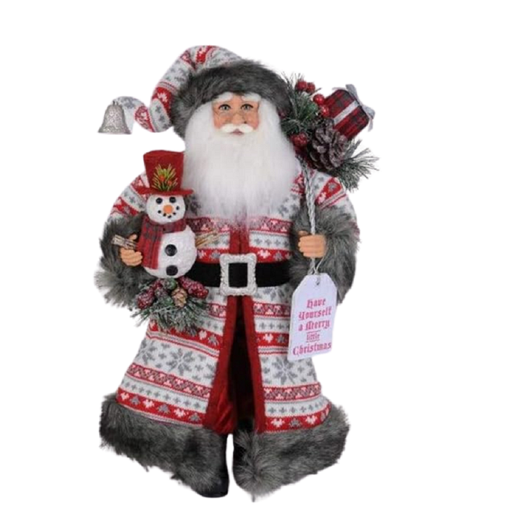 Santa figurine dressed in a nordic inspired pattened long coat and hat, both with grey fur trim. Holding a snowman and a sign that says "have yourself a merry little christmas."