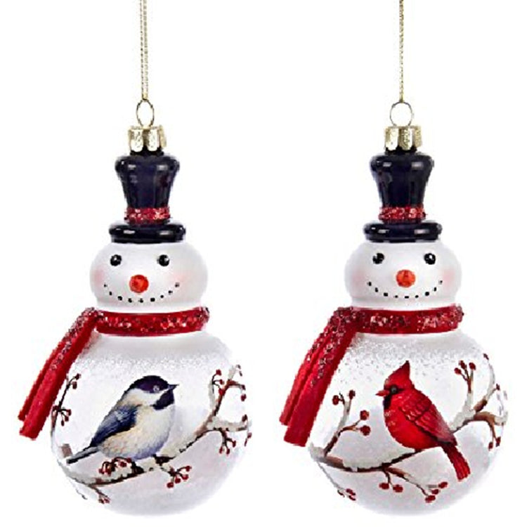 2 snowman ornaments Both wearing  a red scarf and black hat. One has a chickadee design and one has a cardinal design.