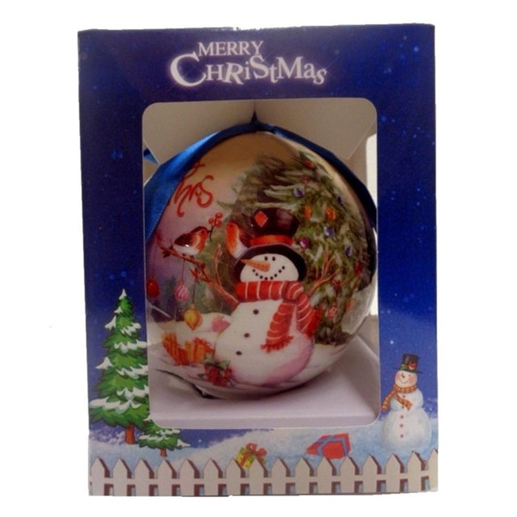 Boxed ball ornament with a snowman holiday scene
