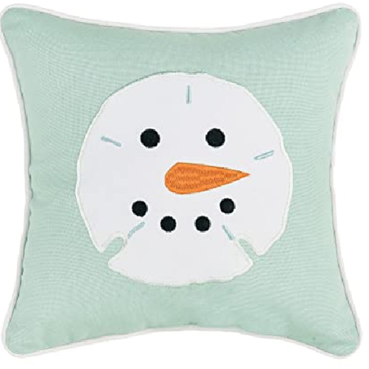square pillow in seafoam green with white applique snowman face sand dollar embroidered