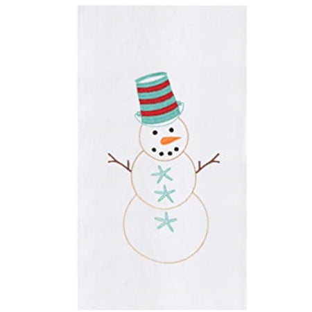 White flour sack dish towel with embroidered snowman. The buttons are green starfish and the tophat is green adn red stripped giving a coastal vibe.