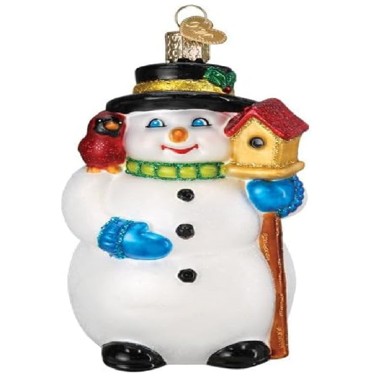 blown glass snowman with birdhouse and cardinal ornament.