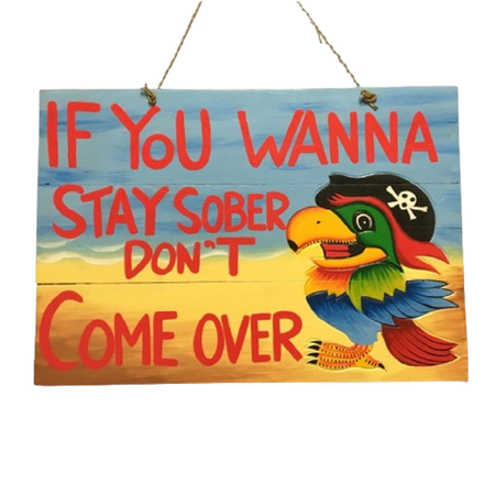 Painted wood sign, If you want to stay sober, don't come over. With a parrot in a pirate hat.