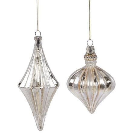 two blown glass finial ornaments in silver.