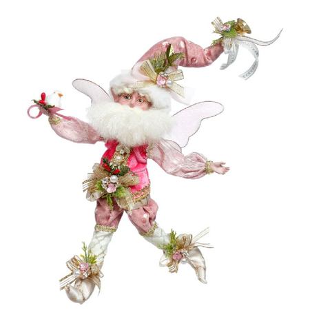 Bearded fairy in pink stocking cap, and matching outfit, holding a small dove in hand.
