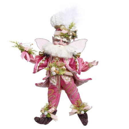 Decorative fairy figure in pink and white attire with floral elements on a white background