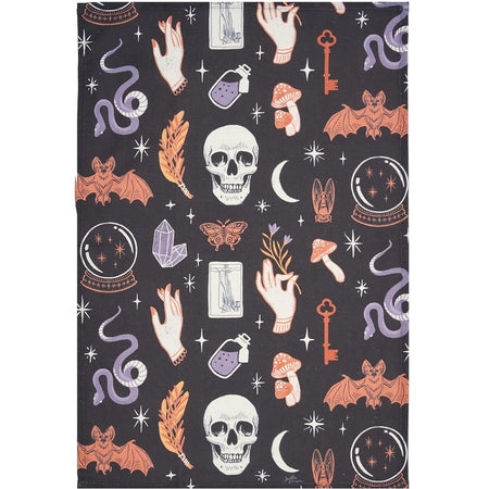 C&F Home Spooky Magic Halloween Kitchen Towel 18x27 black cotton skull bat snake crystal ball pattern