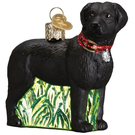 Blown glass ornament of a black lab with a red collar standing in some grass.