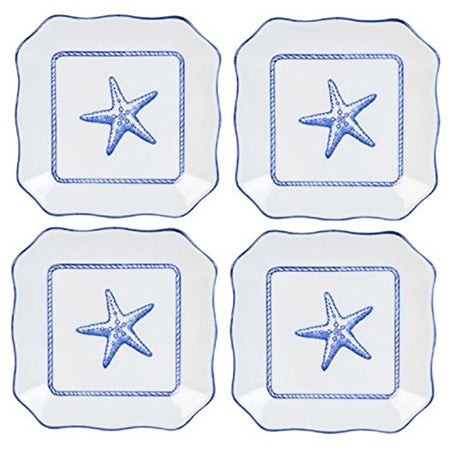 4 identical square plates with scalloped like edge. Plates are with with blue trip and a blue square inside the plates  with a blue starfish.