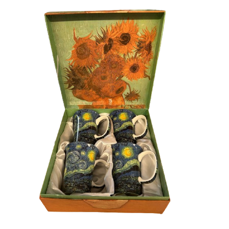 4 mugs depicting Van Gogh's Starry Night. Box has Sunflowers design.
