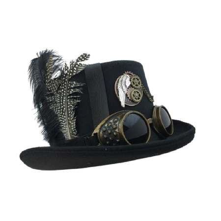 black felt top hat with faux leather straps, feathers, and plastic goggles.