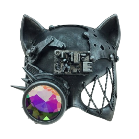 grey and silver resin cat mask, made to look industrial, steampunk inspired.