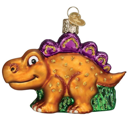 blown glass ornament, orange stegosaurus dinosaur with purple spikes.