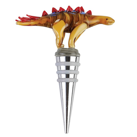 Metal wine stopper with a blown glass brown stegosaurus figure on top.