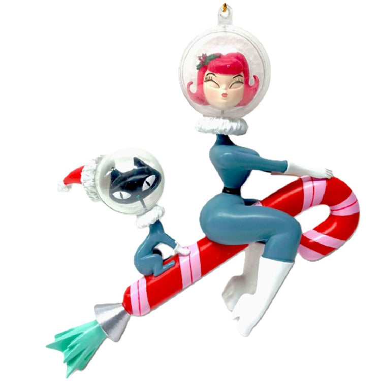 December Diamonds Stella and Orbit Rocket Girl on Candy Cane ornament by Miss Fluff 6 inch resin collectible