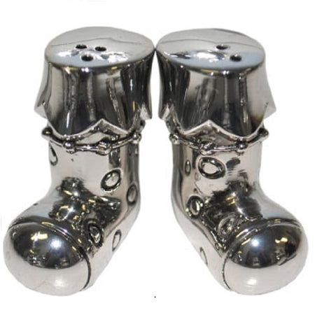 Stocking shaped salt and pepper all metal silver color with circle imprints.