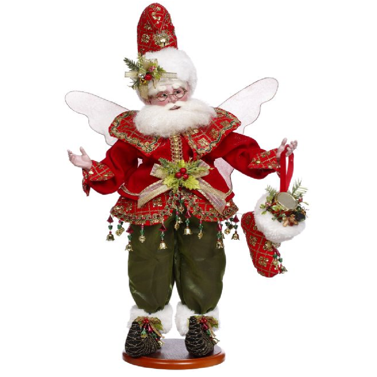 Decorative figure of a fairy in festive attire with red jacket, green pants, and white wings on a white background.