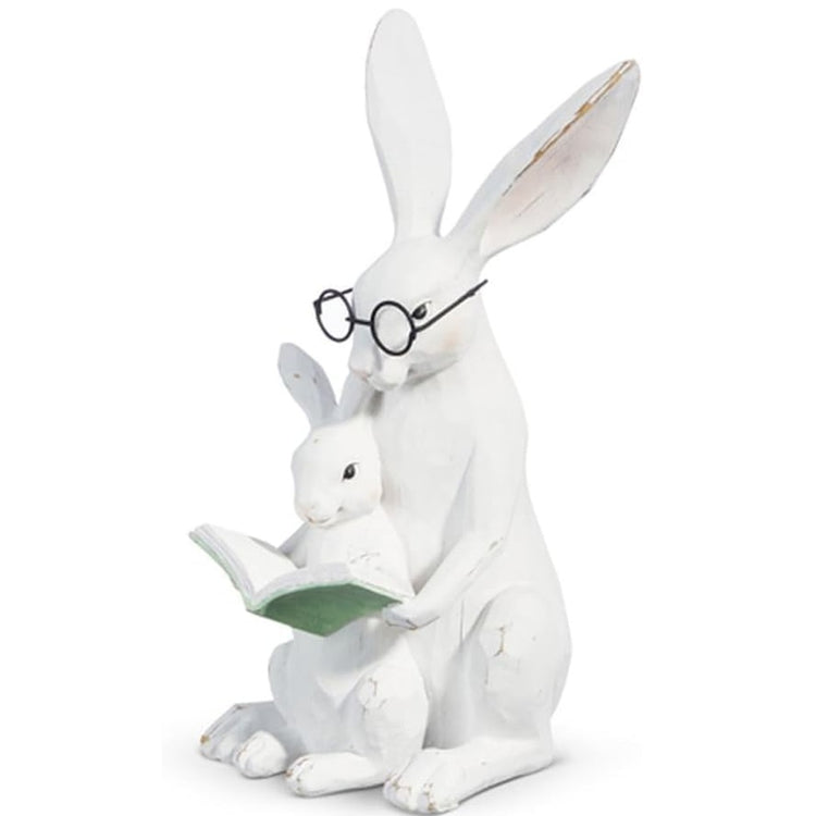 RAZ Imports storytime bunny and baby figurine featuring a rabbit reading with its baby, decorative 11 inch tabletop accent for farmhouse and cottage home decor.