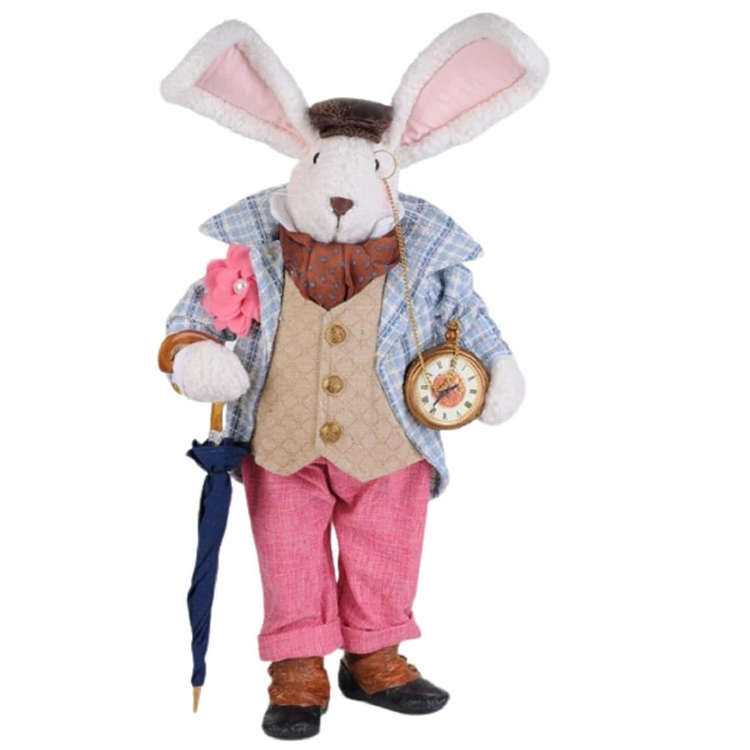 fabric bunny figurine wearing blue plaid jacket and pink pants, an umbrella and a pocket watch.