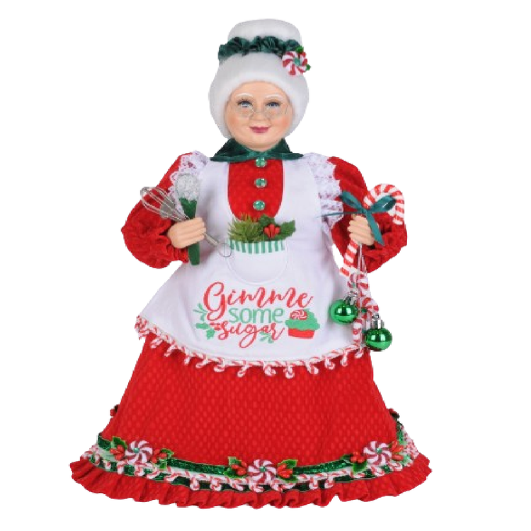 Mrs. Claus in a red dress with peppermint accents, a white apron that says "gimme some sugar" 