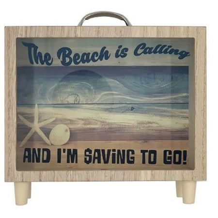 Light wood with a beach background saying 'The beach is calling and I'm saving to go!'.