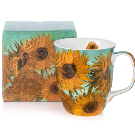 shows a mug and matching box featuring the famous Van Gogh painting Sunflowers