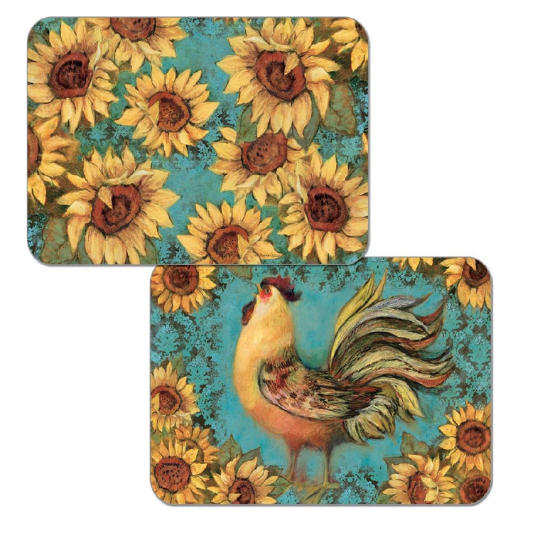 reversible plastic rectangular placemat. One side is teal with sunflowers, the other is teal with a rooster and sunflowers.