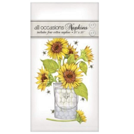 set of 4 white fabric napkins with a design of sunflowers in a jar with bees.