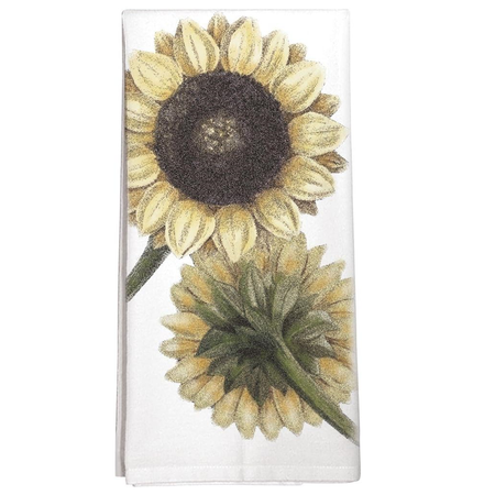 White hand towel with sunflower design on a white background