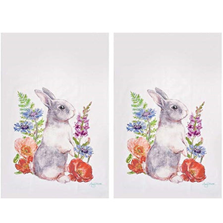 2 identical white kitchen towels with a standing bunny amongst flowers in orange blue and purple.