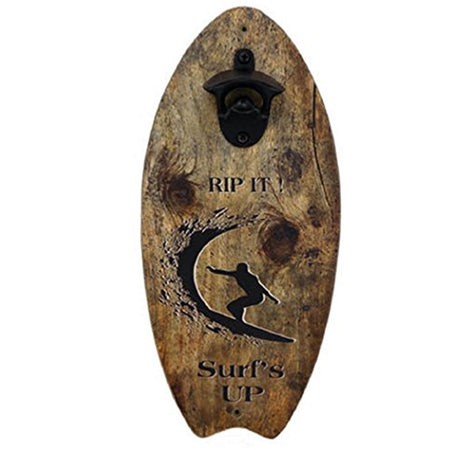 Surfboard shaped bottle opener with a surfer riding a wave and text that says "Rip It Surf's Up"