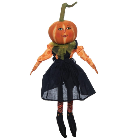 fabric doll shaped figurine featuring a pumpkin head with long stem, black dress with orange polka dot long sleeve top.
