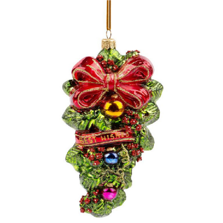 Blown glass Christmas swag with ribbon hanging ornament.