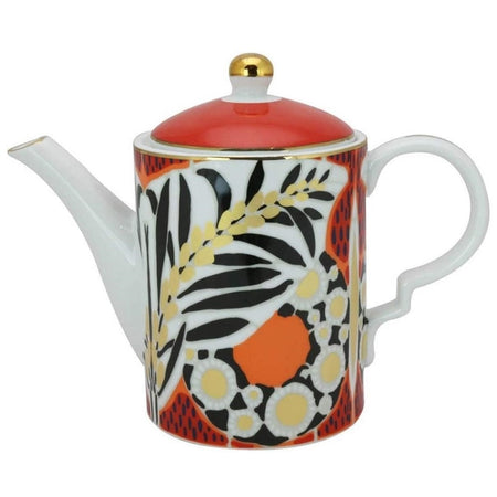 ceramic teapot with an orange and black tropical leaves pattern and gold trim.