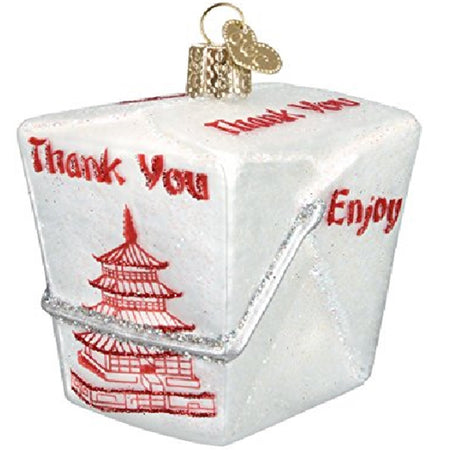 hanging ornament shaped like a chinese food takeout box. White with red accents of a temple and it says Thank you and Enjoy