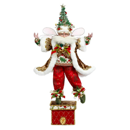 Bearded fairy figurine with christmas tree hat, red pants and a red box with a hook for a stocking.