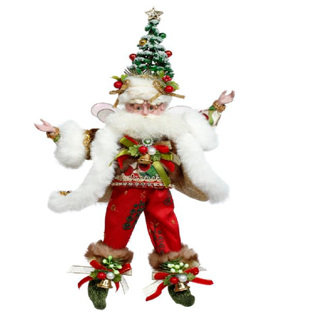 bearded fairy wearing fur lined coat and a hat made of a christmas tree.