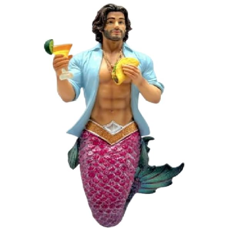 Mermaid figurine with a shirtless man holding a cocktail and taco on a white background