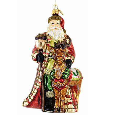 Blown glass ornament of Santa and reindeer dressed in tartan plaid coat.