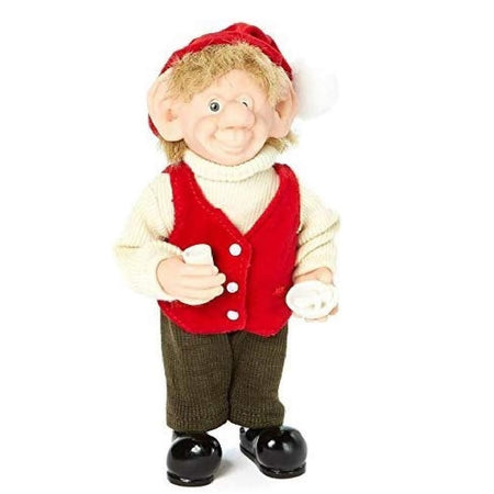 Thadius is a carved resin and fabric elf figurine wearing a cream color turtleneck and a red vest.