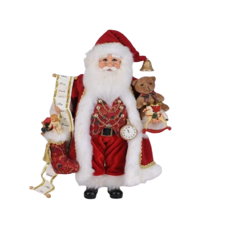 Santa Figurine in classic red suit, holding a stocking with toys, a naughty or nice list and a pocket watch. 