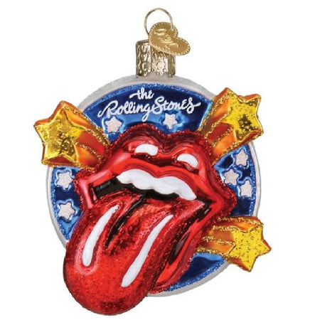 Blown glass ornament of the famous rolling stones tongue logo