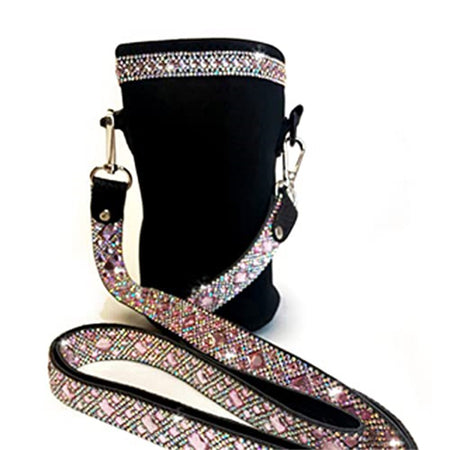 Black felt/velvet finish tote bag shaped for bottle of wine with a crystal encrusted in pink strap and a matching band on the top of the tote.