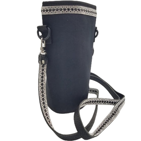 Black bottle tote with long crossbody strap.  Tote is solid black with matching crystals in silver and black on both rim and strap